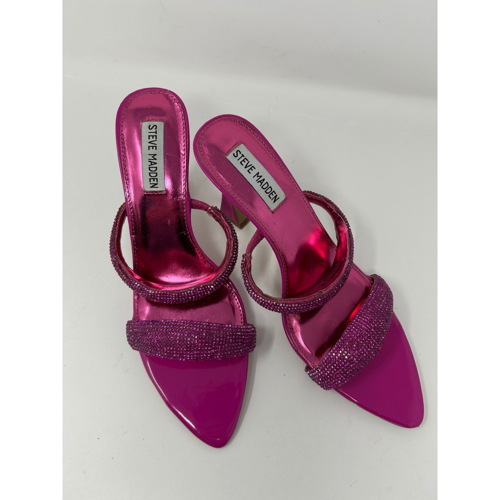 Steve Madden Harper-R Fuchsia Pink Rhinestone Pointed Flared Heel Sandals Sz 8.5